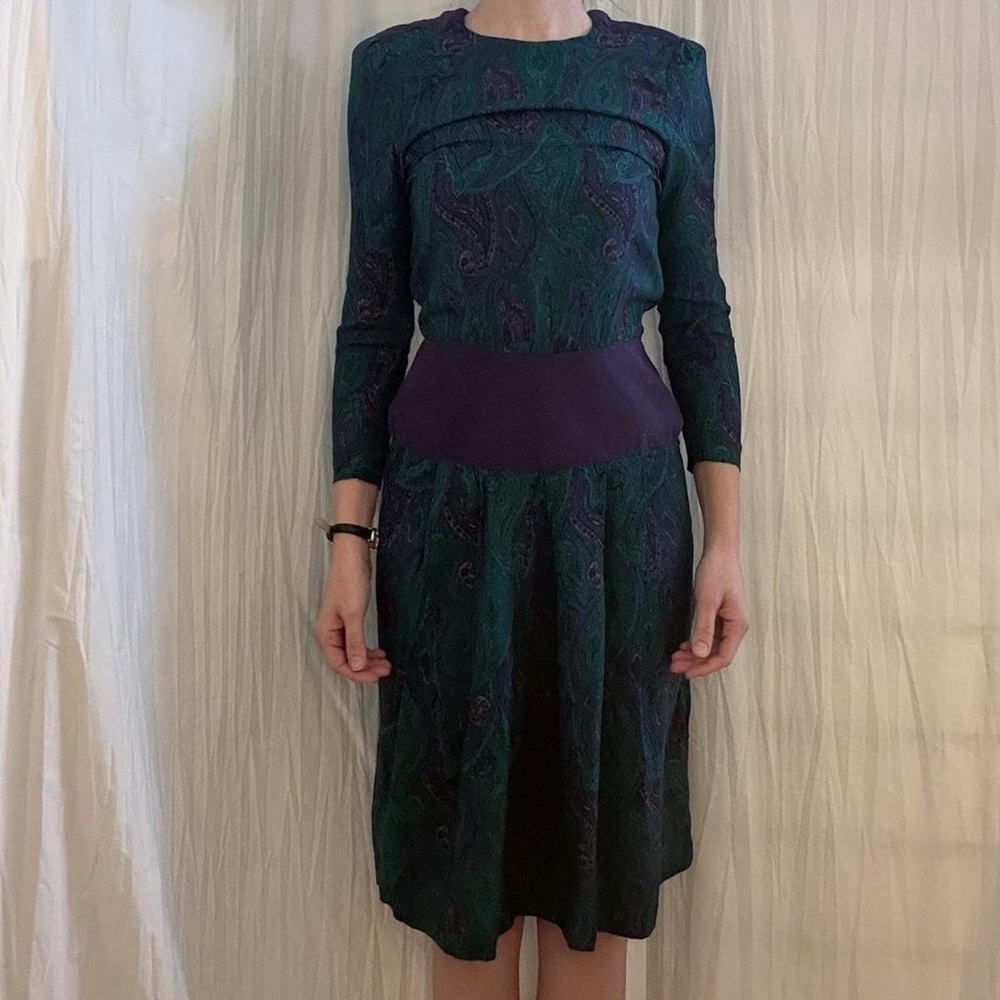 Green and Purple‎ Paisley Drop Waist Midi Dress Vintage 70s/80s Boho
